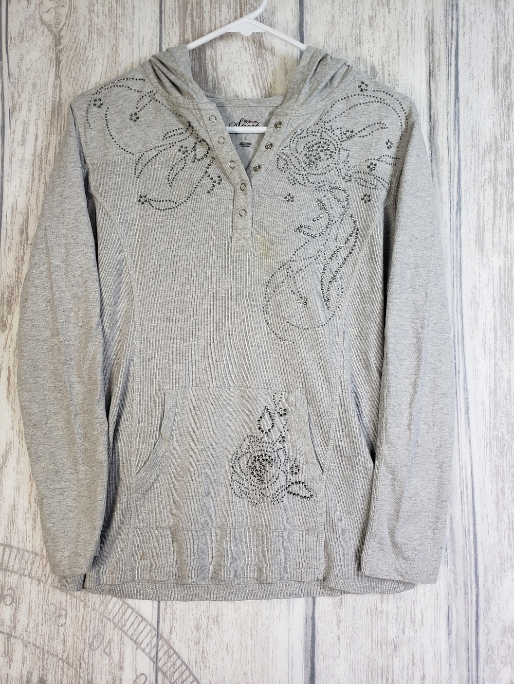 Style & Co. Sport Light Gray Stretchy Thermal Embellished Snap Hoodie Sz Large